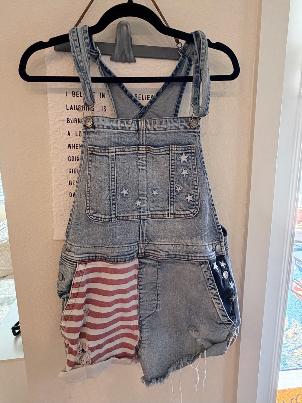 DRIFTWOOD Light Blue Denim Short Overalls with Red & Navy Flag Panels